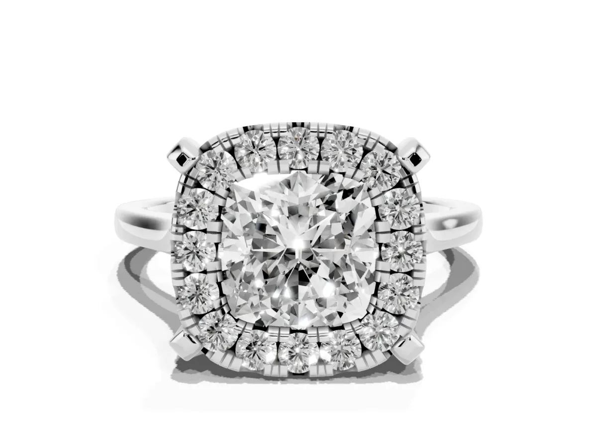 Cushion Cut Diamond Cluster Halo Solitaire with Four-Prong Setting Platinum