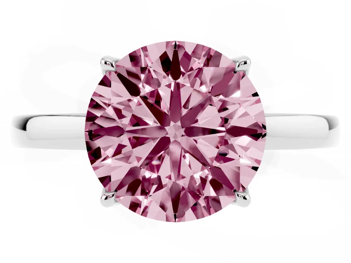 Fancy Pink Round Cut Diamond Solitaire Ring with Thin Band and Prong Setting Platinum