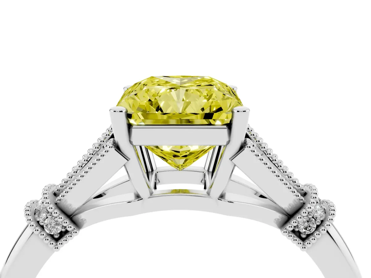 Fancy Yellow Radiant Cut Diamond Solitaire Ring with Floral Filigree and Pave Accents Silver