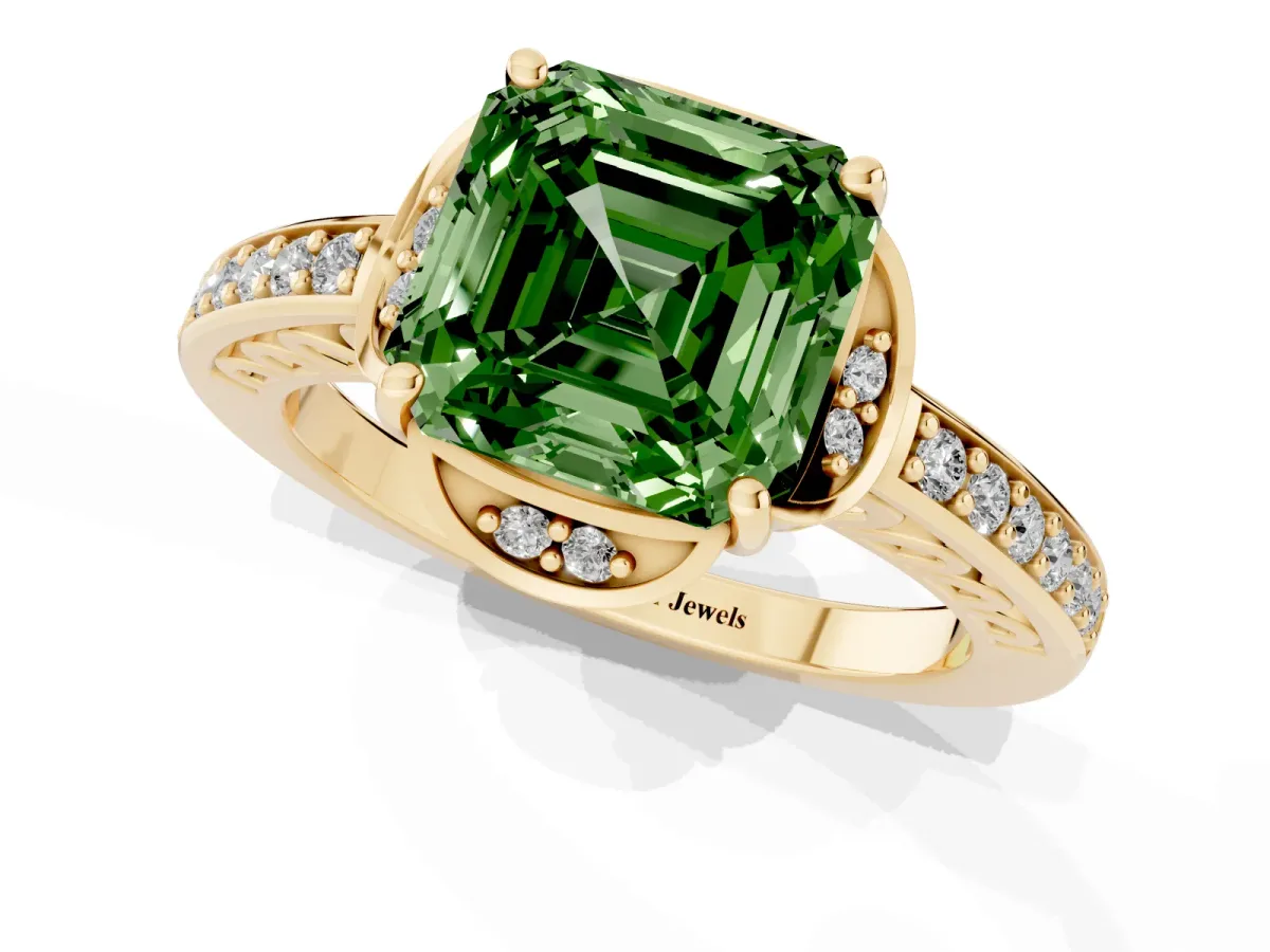 Fancy Green Asscher Cut Cut Halo Diamond Ring with Channel Set Band and Four-Prong Setting Yellow gold