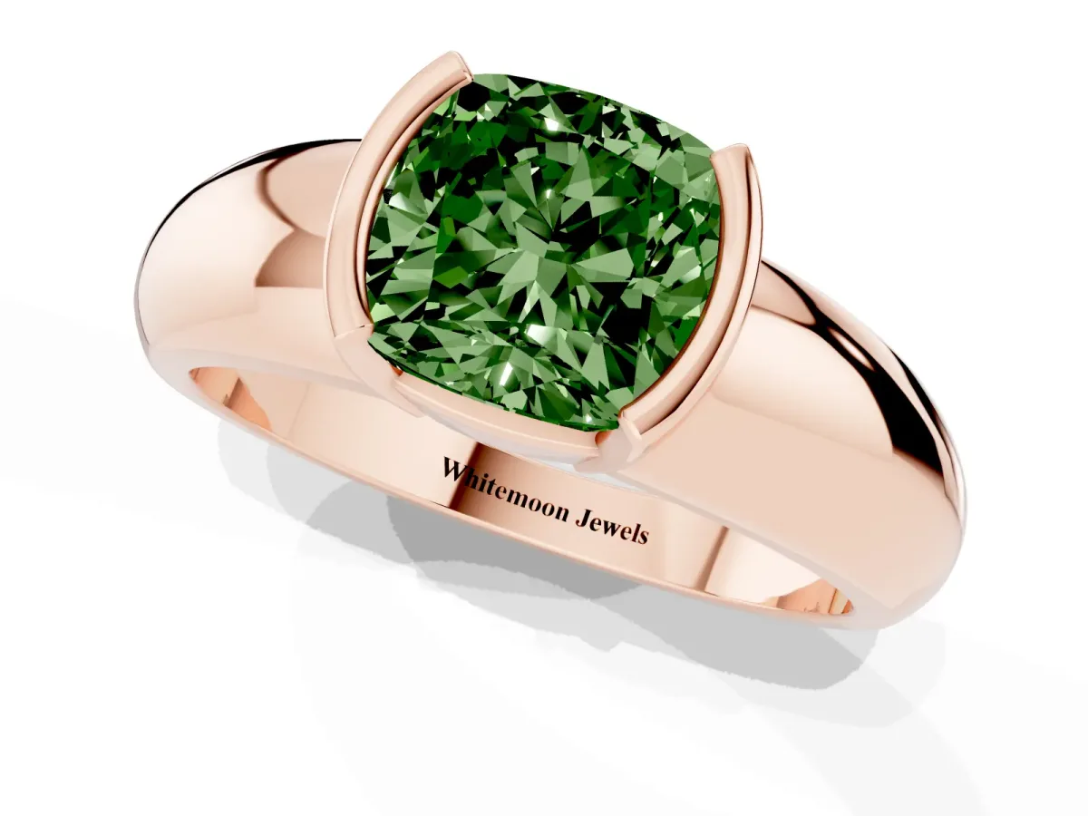 Fancy Green Cushion Cut Solitaire Tension Set Diamond Ring with Wide Band Rose gold