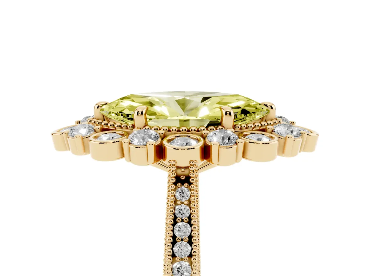 Fancy Yellow Marquise Cut Halo Milgrain Pave Diamond Ring with Four-Prong Setting Yellow gold