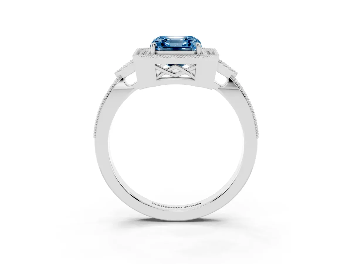 Fancy Blue Asscher Cut Halo Round Diamond Milgrain Pave Engagement Ring Silver