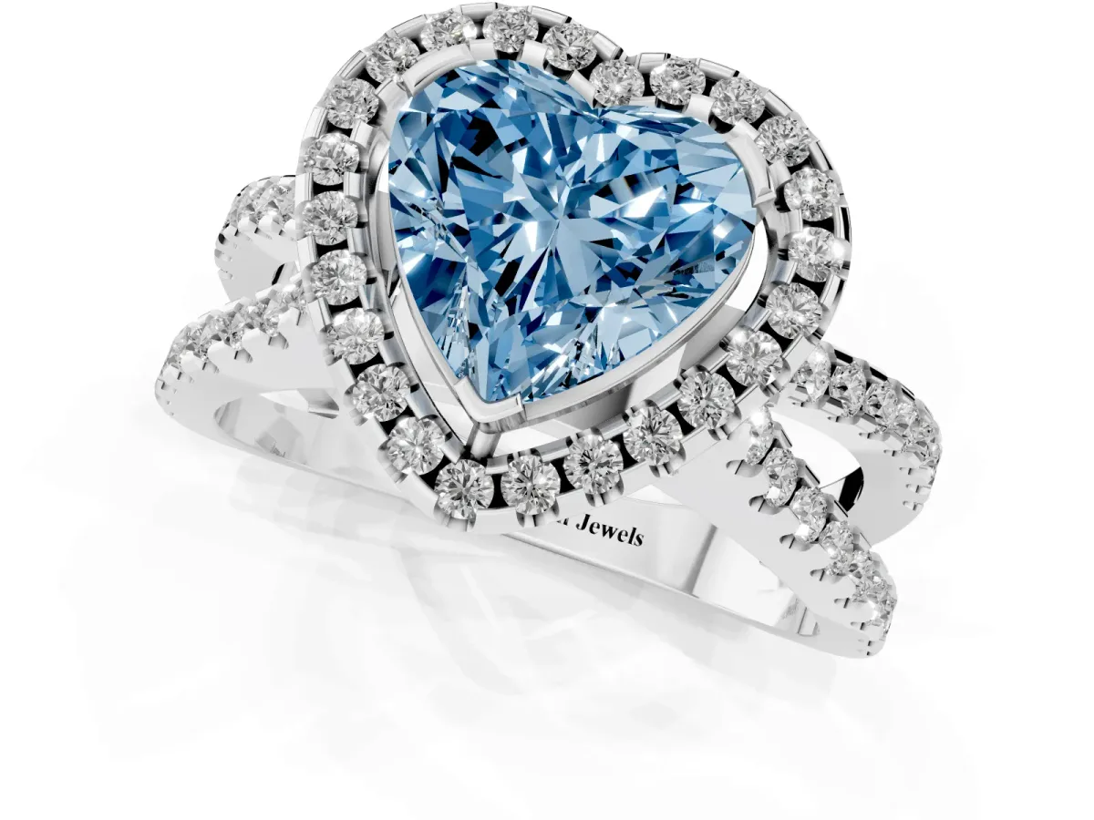 Fancy Blue Heart Cut Diamond Halo Ring with Split Shank Pavé Band and Prong Setting Silver
