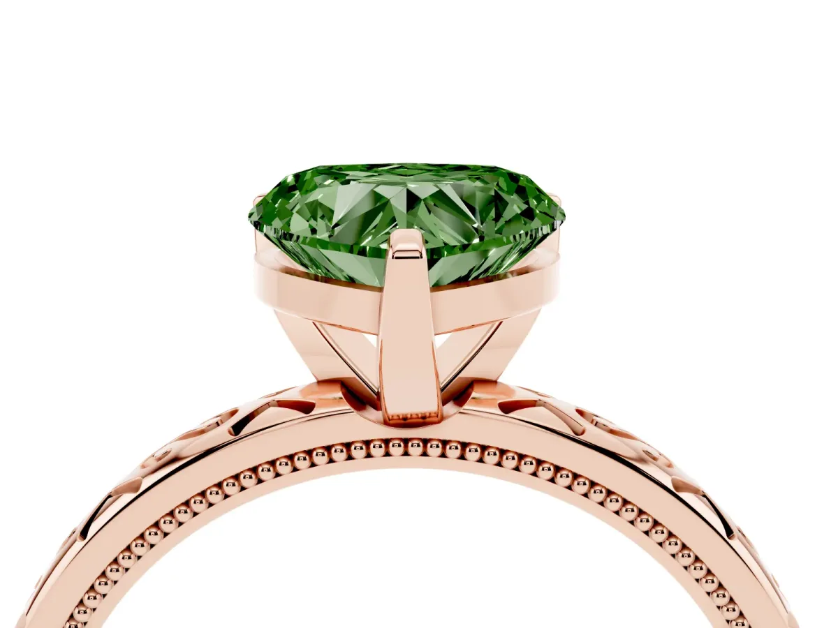 Fancy Green Heart Cut Solitaire Engagement Ring with Scrollwork Band and Four-Prong Setting Rose gold