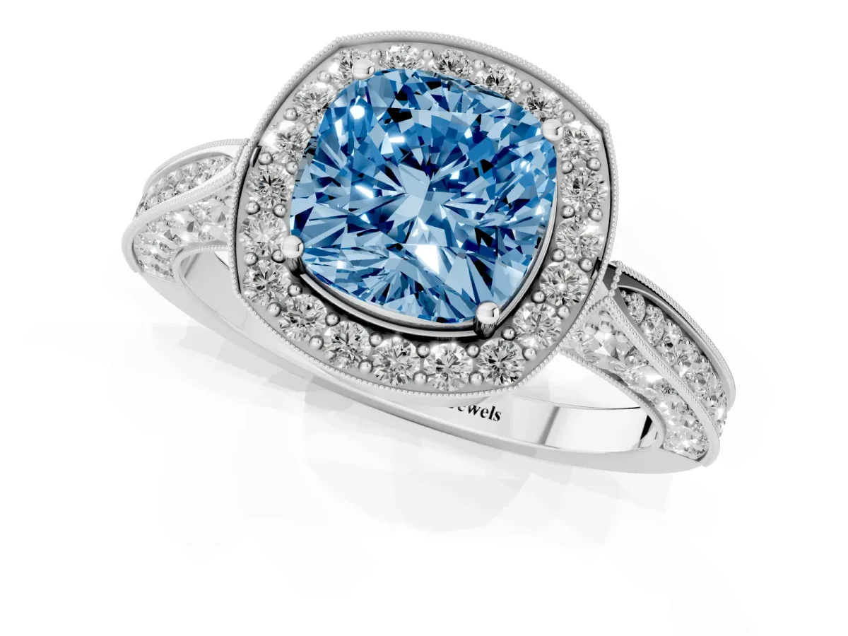 Fancy Blue Cushion Cut Halo Diamond Engagement Ring with Split Shank Band and Four-Prong Setting Silver