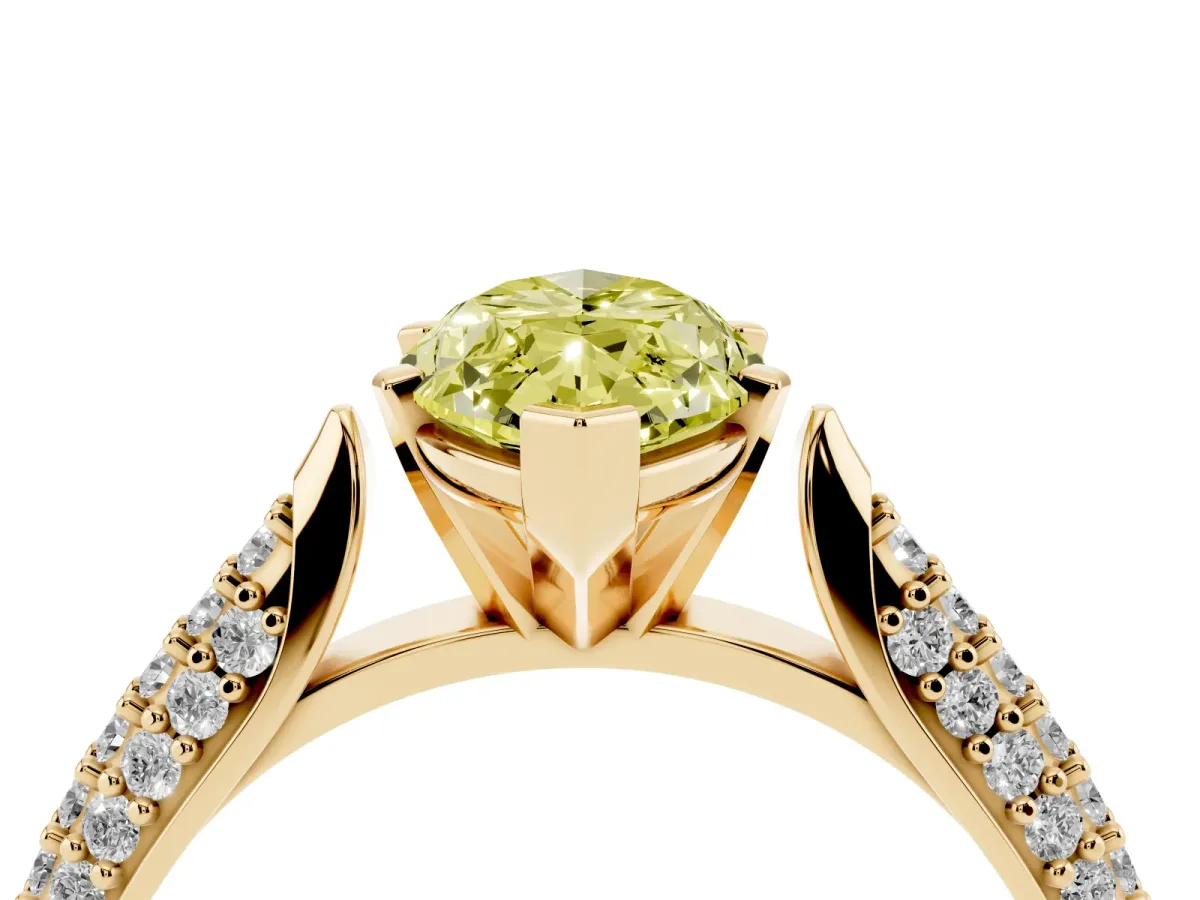 Fancy Yellow Marquise Cut Diamond Solitaire Engagement Ring with Multi-Row Round Pavé Band and Prong Setting Yellow gold