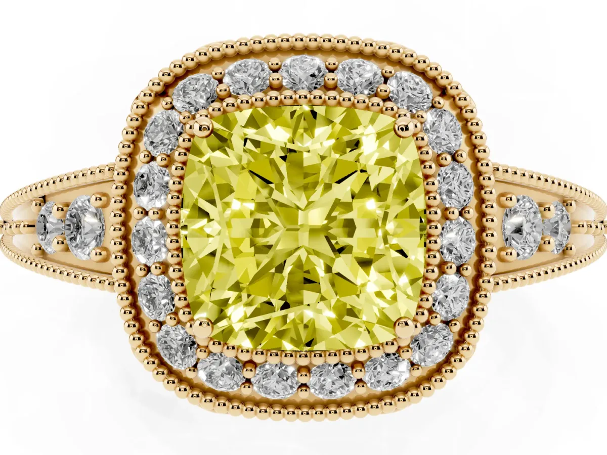 Fancy Yellow Cushion Cut Halo Diamond Split Shank Ring with Milgrain Detail Yellow gold