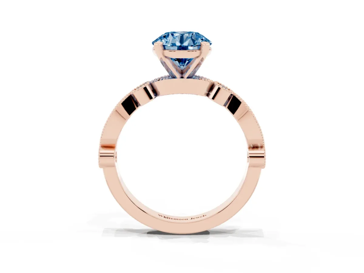 Fancy Blue Round Cut Milgrain Bezel Diamond Engagement Ring with Solitaire Prong Setting Rose gold