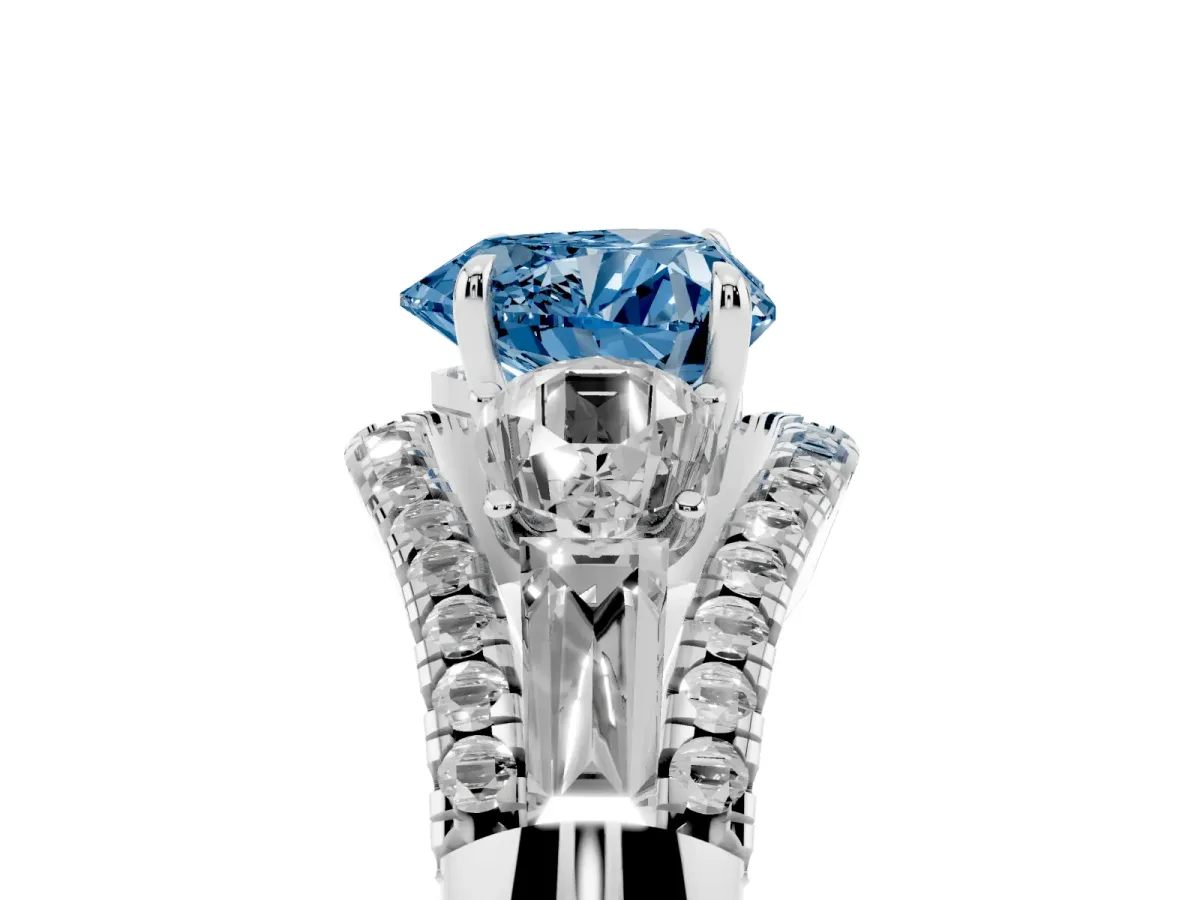 Fancy Blue Three-Stone Heart Cut Diamond Engagement Ring with Pave Band and Prong Setting Silver