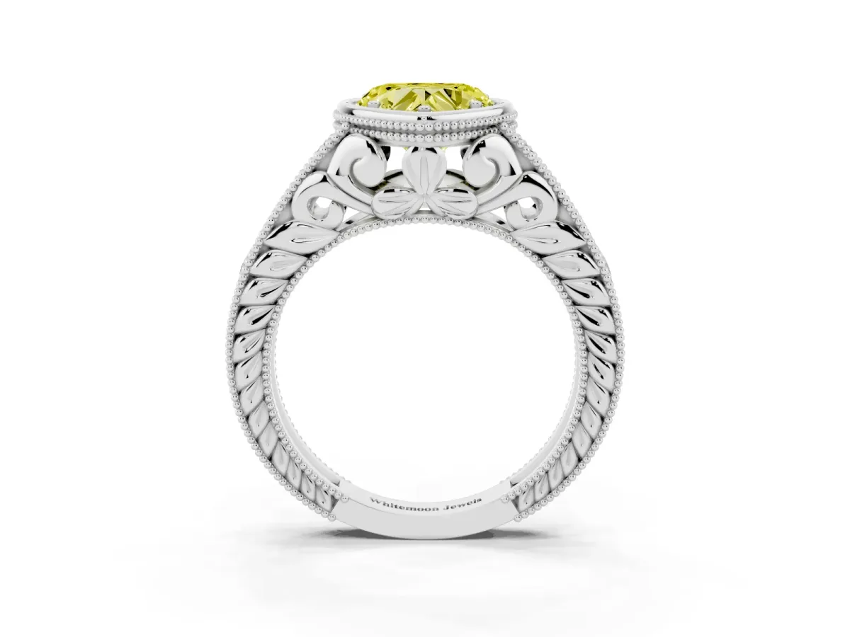 Fancy Yellow Bezel Set Heart Cut Diamond Milgrain Pave Engagement Ring Silver