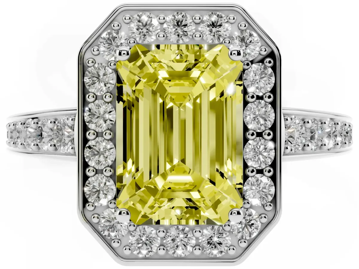 Fancy Yellow Emerald Cut Halo Pavé Diamond Engagement Ring with Bezel Setting Silver