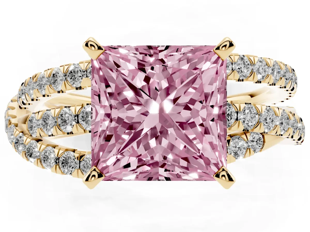 Fancy Pink Princess Cut Solitaire Twist Band with Pavé Setting and Four-Prong Setting Yellow gold
