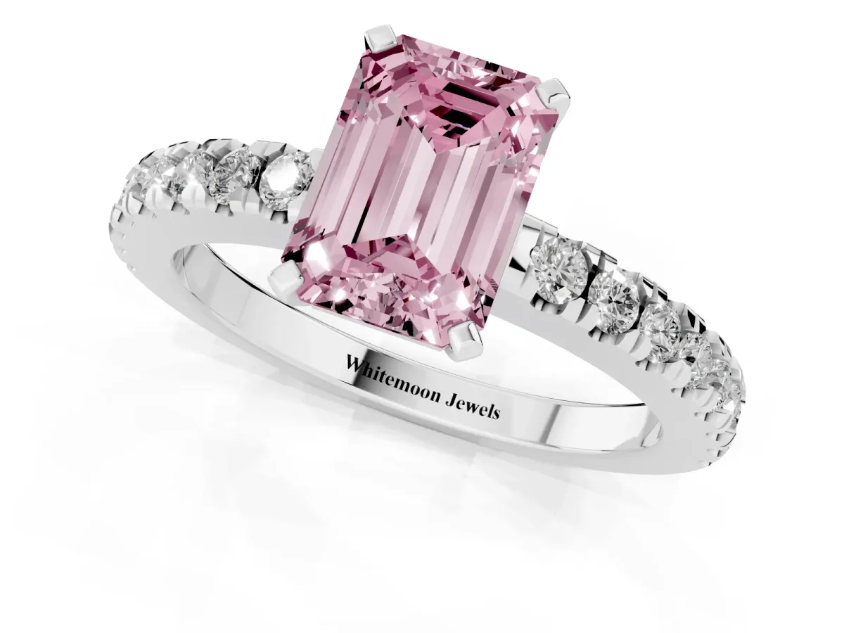 Fancy Pink Emerald Cut Solitaire Diamond with Pavé Band and Four-Prong Setting Silver