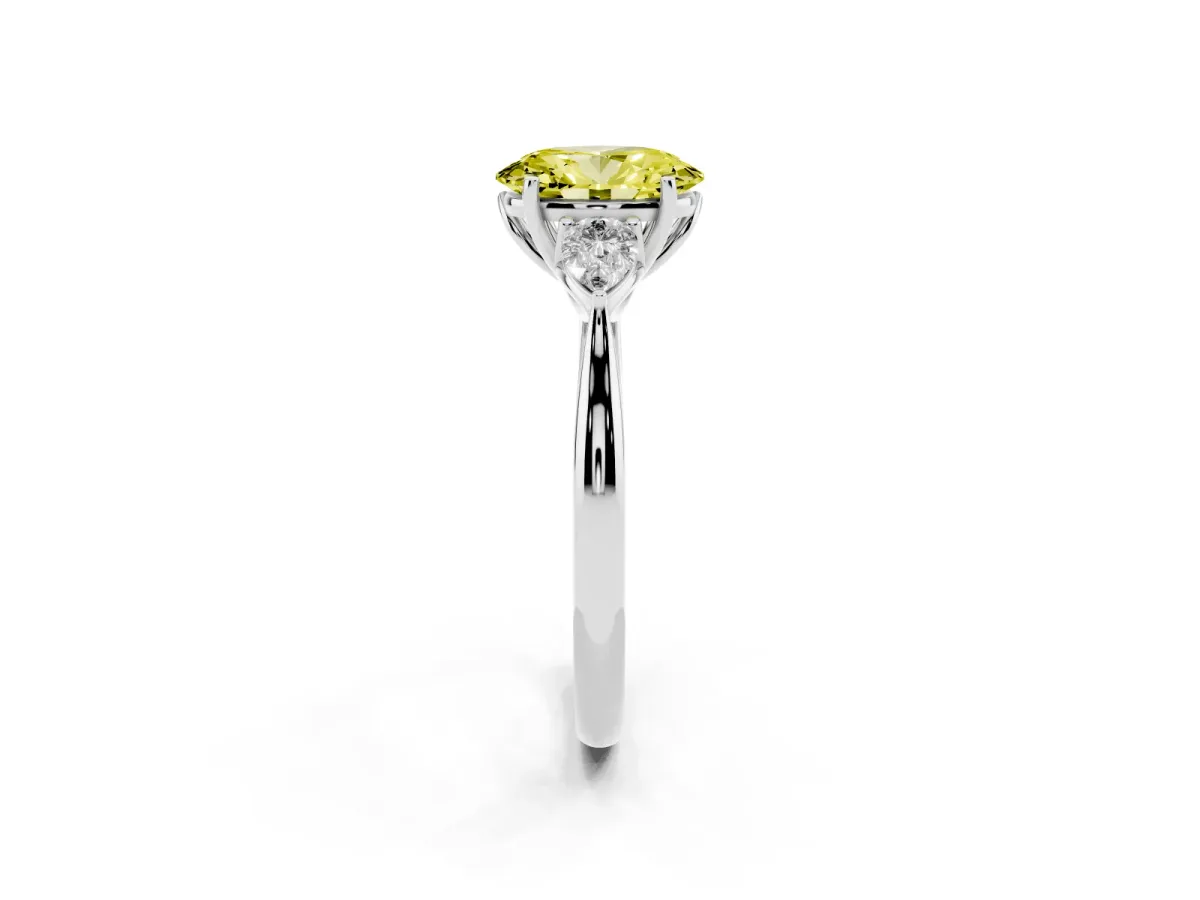 Fancy Yellow Oval Cut Diamond Three-Stone Ring with Pear Side Stones and Prong Setting Silver