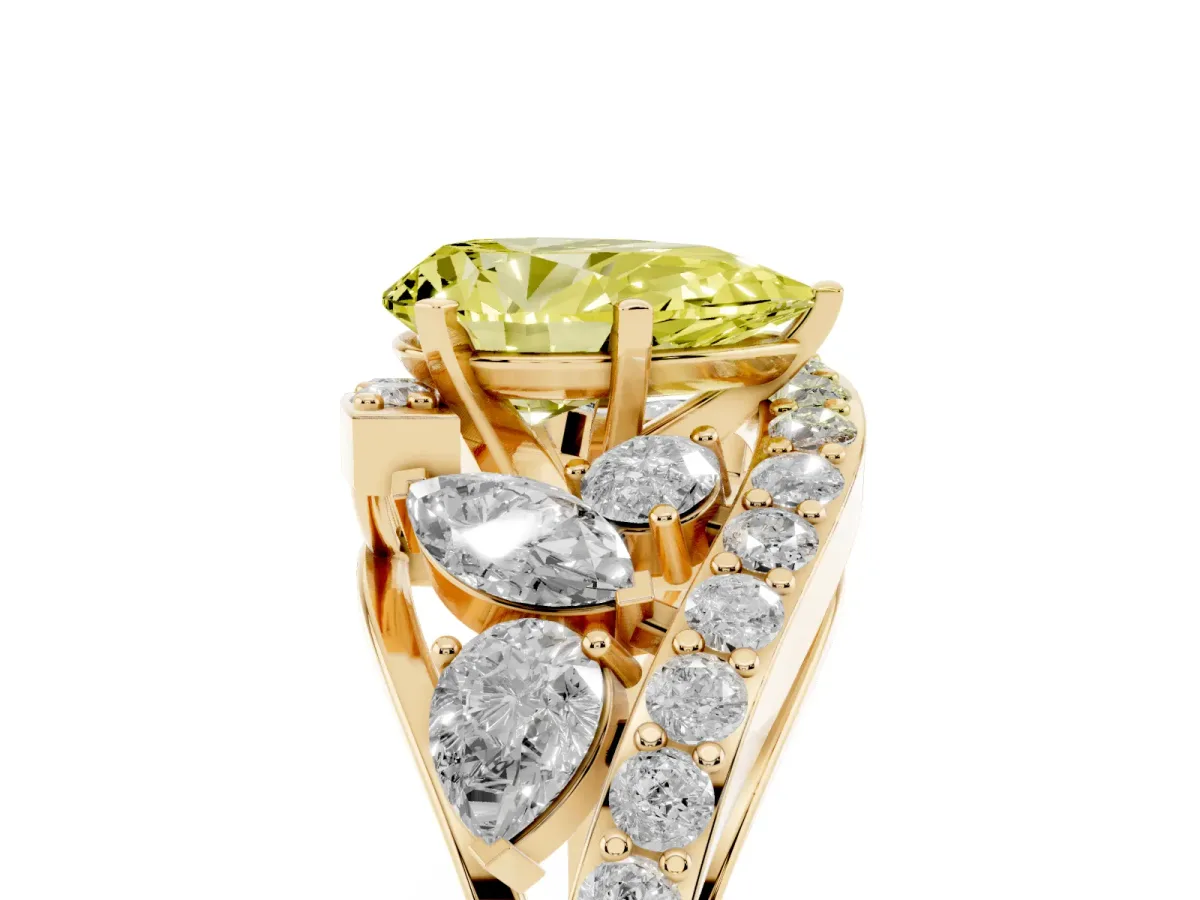 Fancy Yellow Pear Cut Diamond Halo Ring with Marquise and Pavé Band in Prong Setting Yellow gold