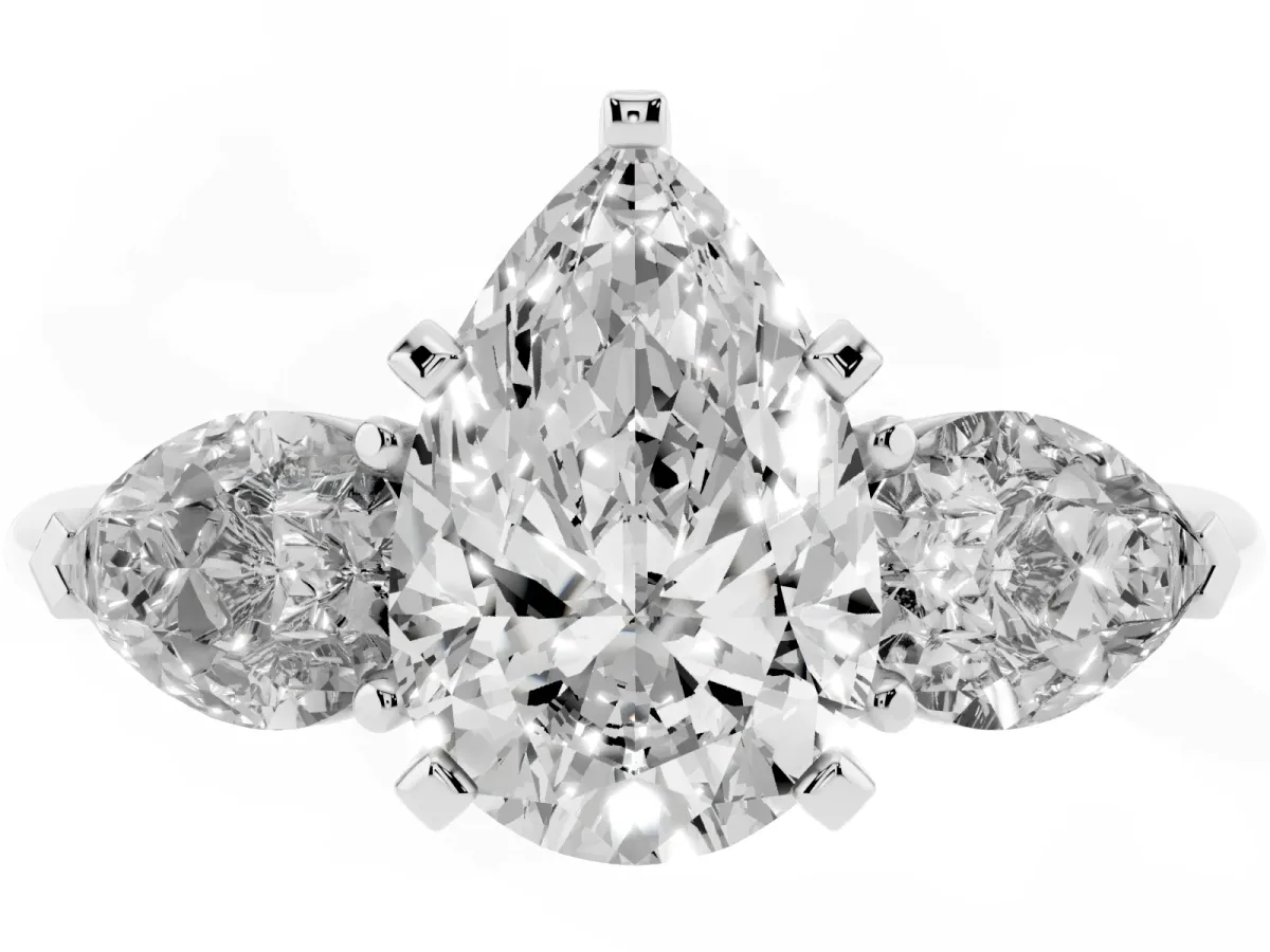 Three-Stone Pear Cut Diamond Ring with Pear Side Stones and Four-Prong Setting Silver