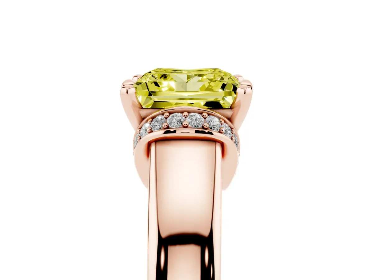 Fancy Yellow Princess Cut Solitaire Diamond Ring with Pave Band and Six-Prong Setting Rose gold