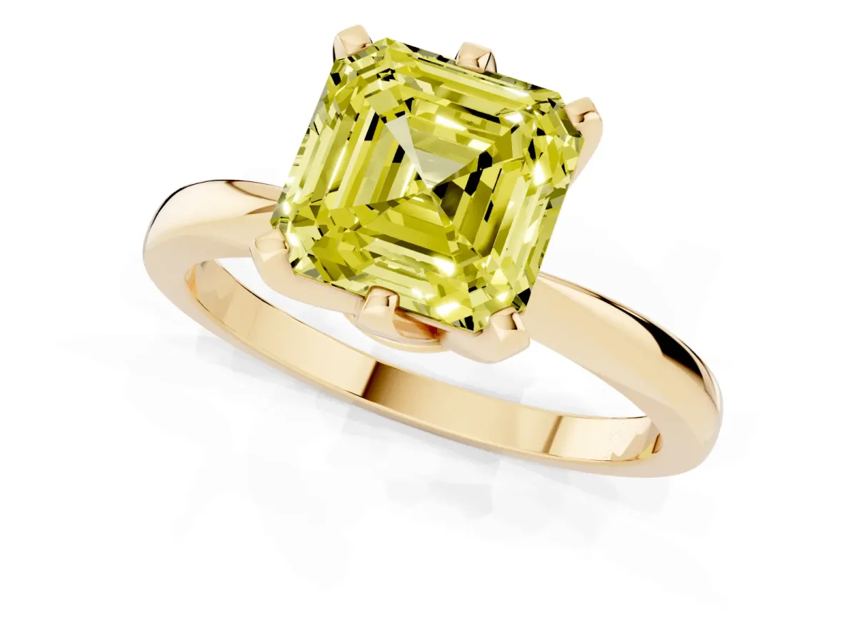 Fancy Yellow Asscher Cut Solitaire Engagement Ring with Six-Prong Setting and Tapered Band Yellow gold
