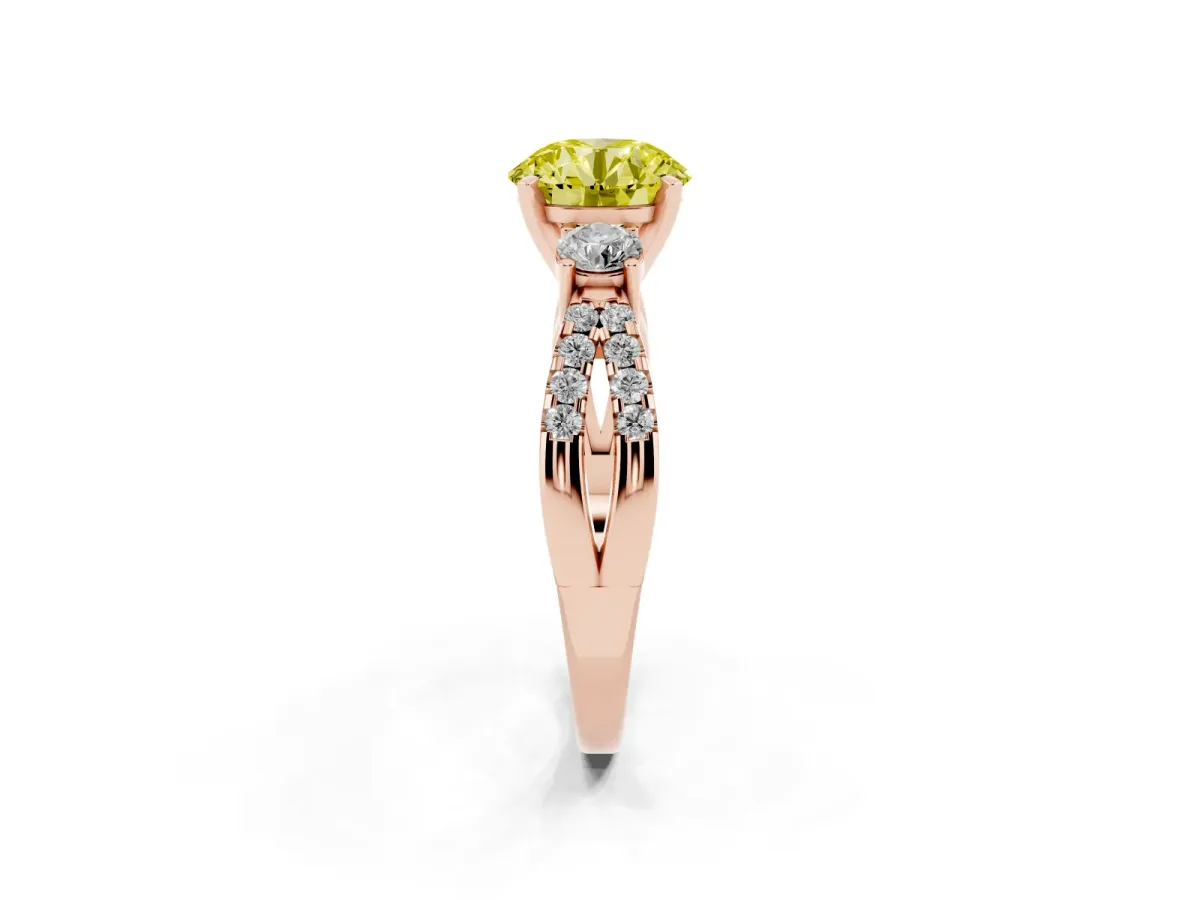 Fancy Yellow Round Cut Diamond Three-Stone Ring with Pavé Split Shank and Four-Prong Setting Rose gold