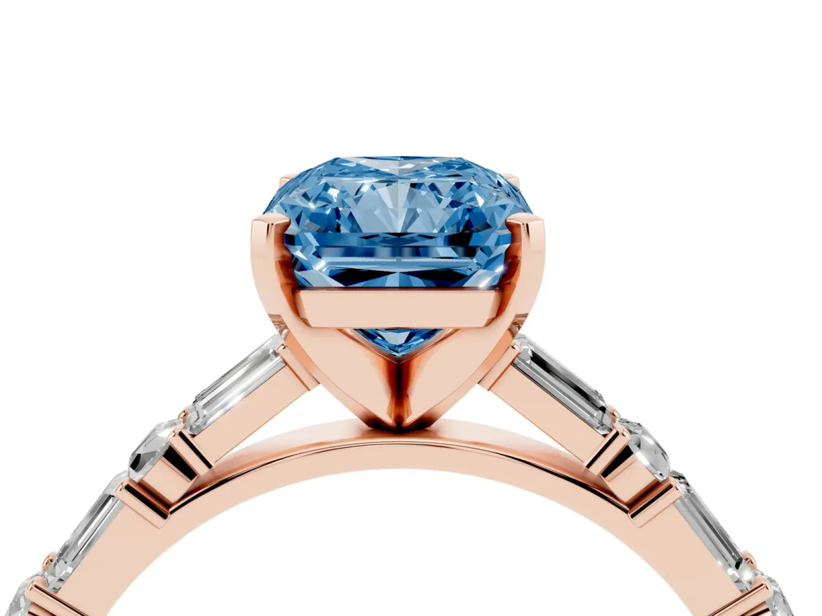 Fancy Blue Radiant Cut Diamond Solitaire with Side Baguettes and Channel Set Band Rose gold