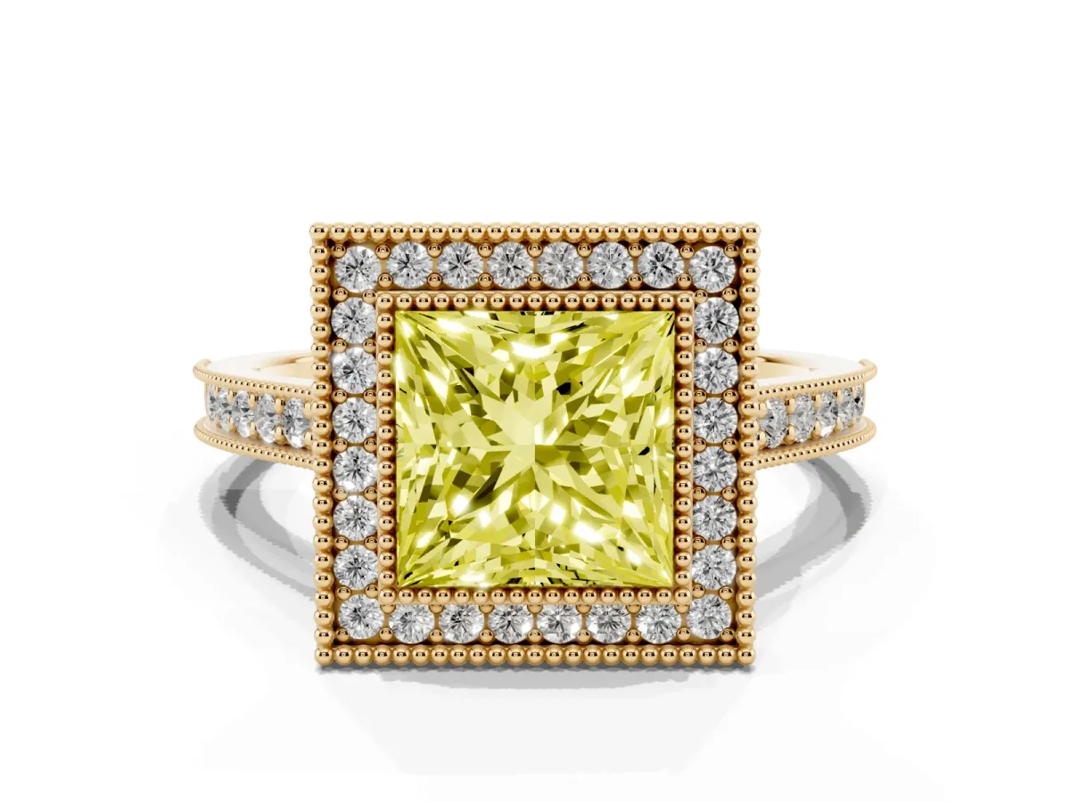 Fancy Yellow Halo Princess Cut-Cut Diamond Pave Band Milgrain Prong Setting Ring Yellow gold