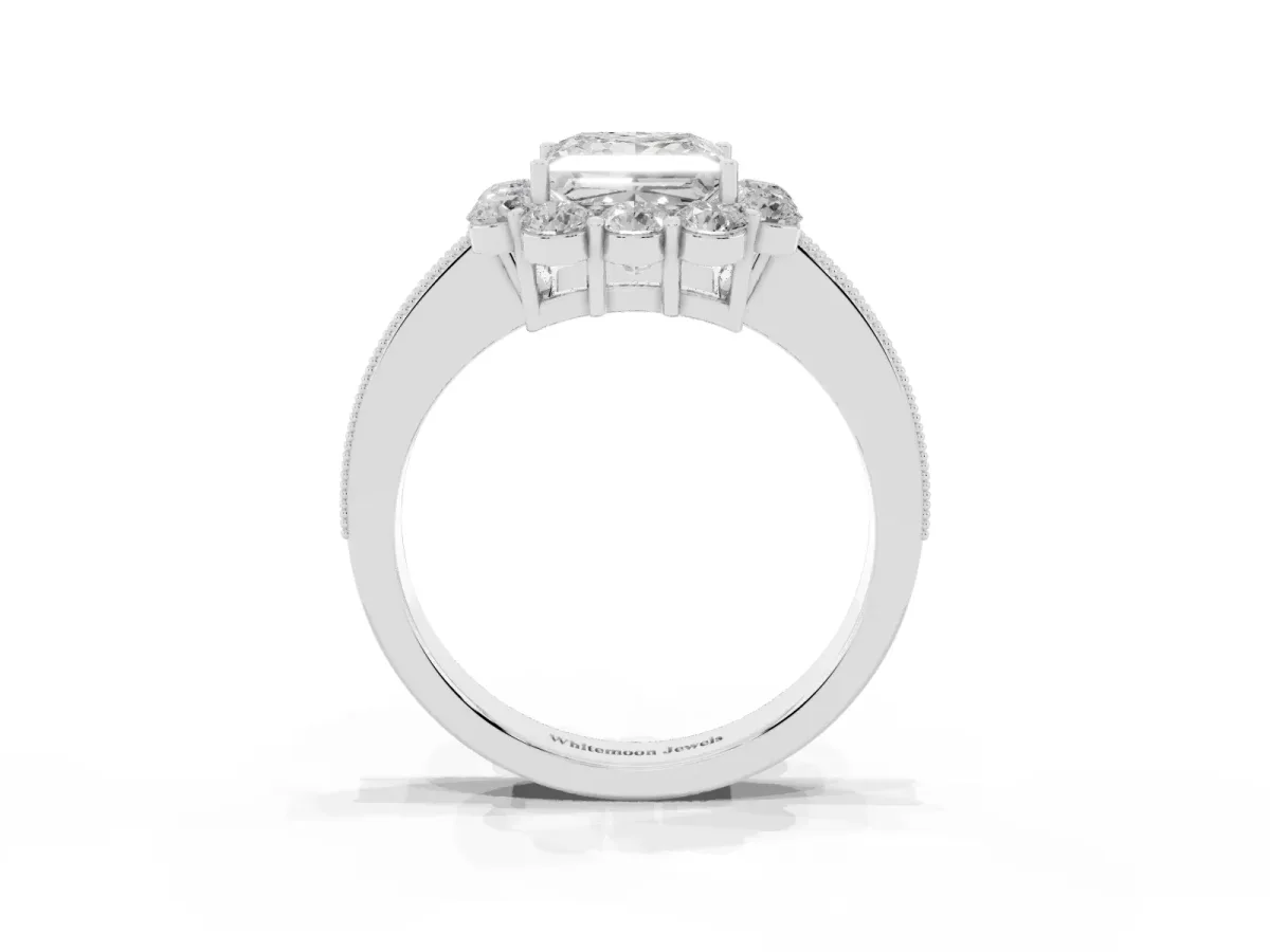 Princess Cut Cut Halo Diamond Pavé Engagement Ring with Milgrain Detailing Platinum