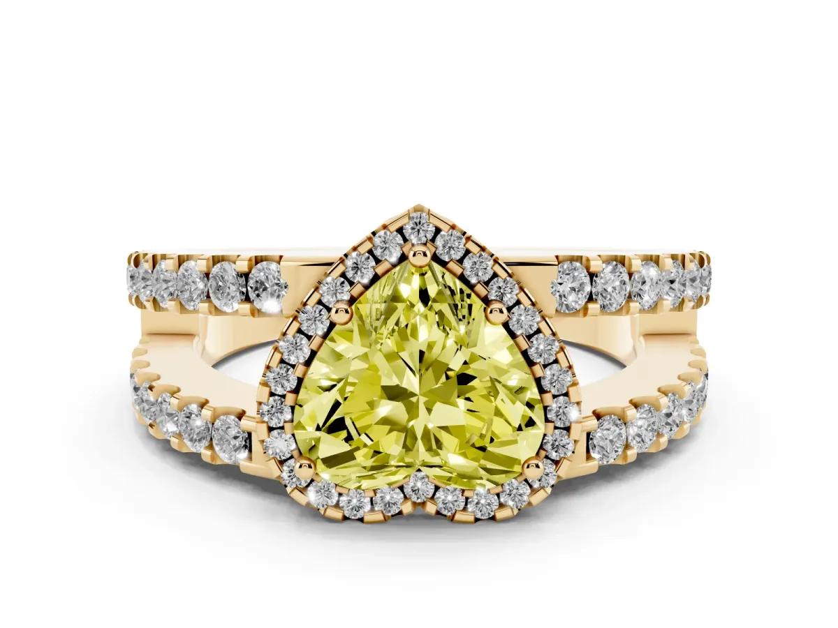 Fancy Yellow Heart Cut Cut Halo Split Shank Diamond Ring with Four-Prong Setting Yellow gold