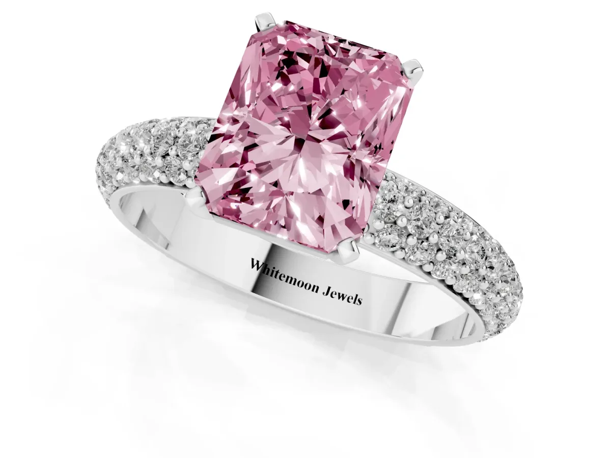 Fancy Pink Radiant Cut Diamond Solitaire Ring with Prong Setting and Pavé Band Silver