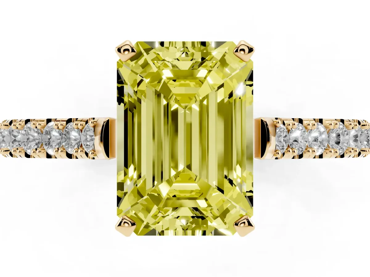 Fancy Yellow Emerald Cut Cut Solitaire Diamond Engagement Ring with Pave Band and Four-Prong Setting Yellow gold