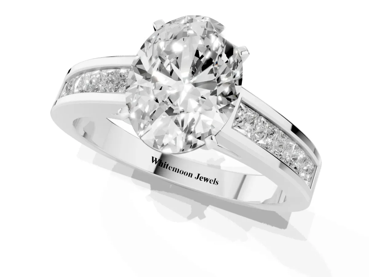 Oval Cut Solitaire Diamond Ring with Channel-Set Band and Four-Prong Setting White gold