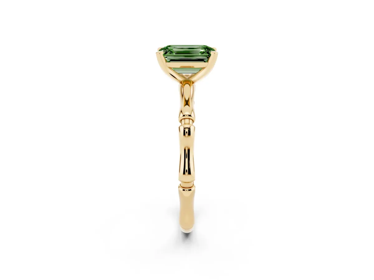 Fancy Green Emerald Cut Solitaire Diamond Ring with Bamboo Band and Four-Prong Setting Yellow gold