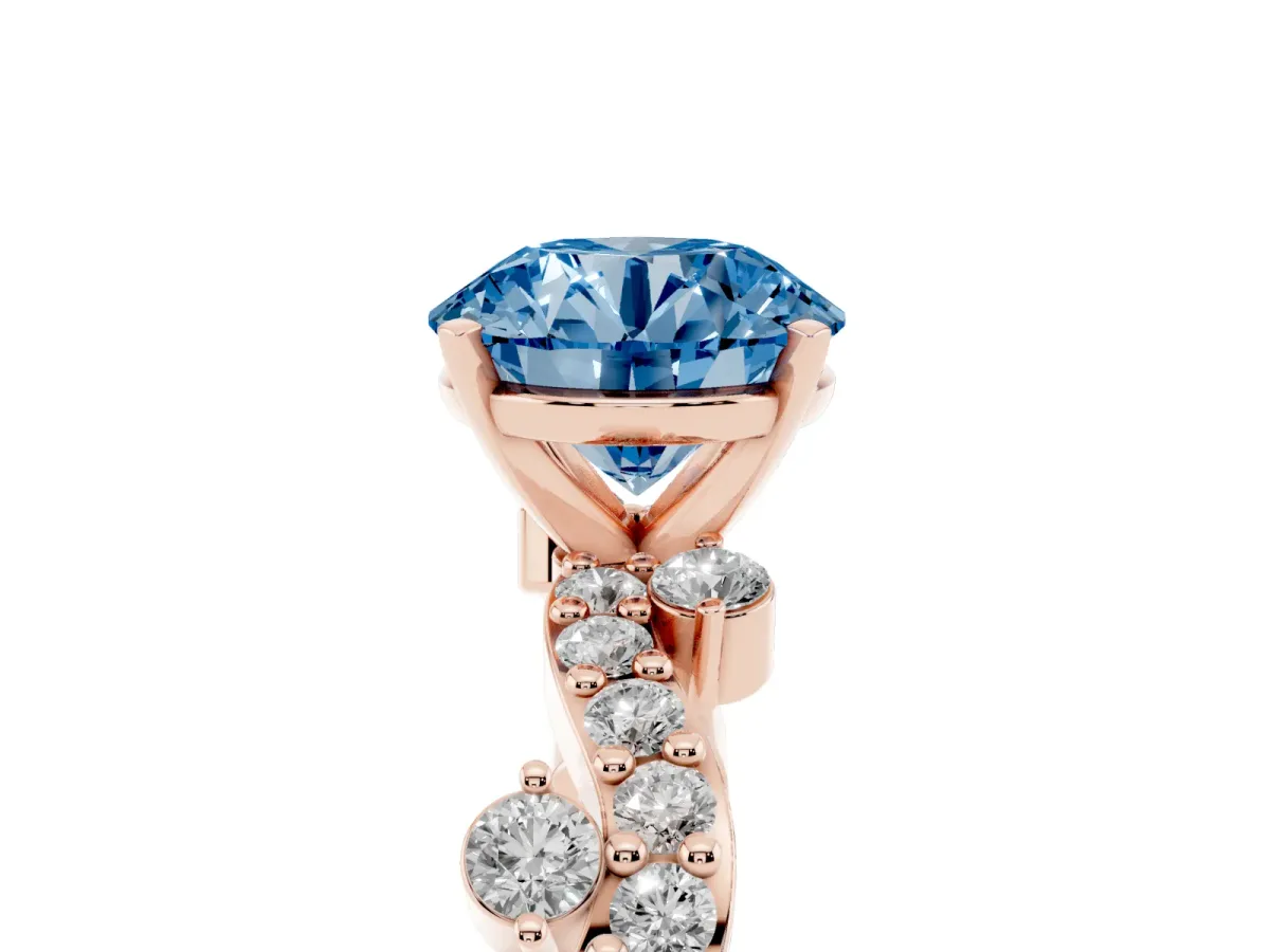 Fancy Blue Round Cut Cut Solitaire Diamond Twisted Band with Pave Setting Rose gold