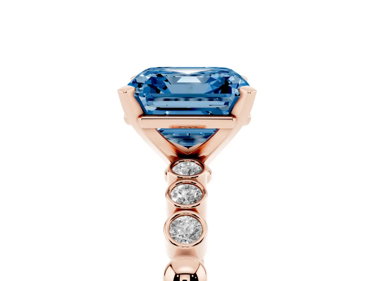 Fancy Blue Asscher Cut Solitaire Bezel Accent Diamond Engagement Ring with Beaded Band and Four-Prong Setting Rose gold