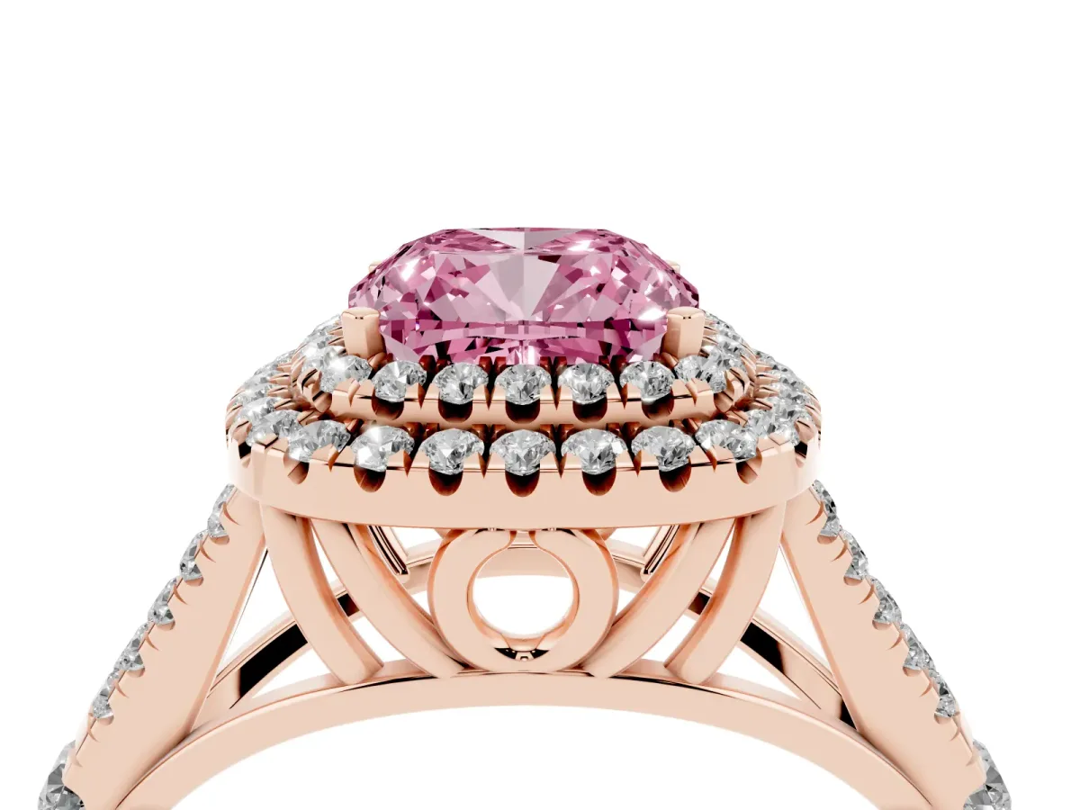 Fancy Pink Cushion Cut Diamond Pavé Split Shank Double Halo Engagement Ring Rose gold