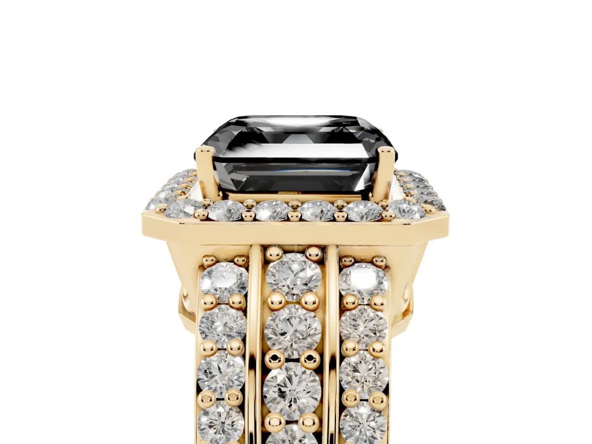 Fancy Black Asscher Cut Halo Diamond Ring with Round Split Shank and Prong Setting Yellow gold