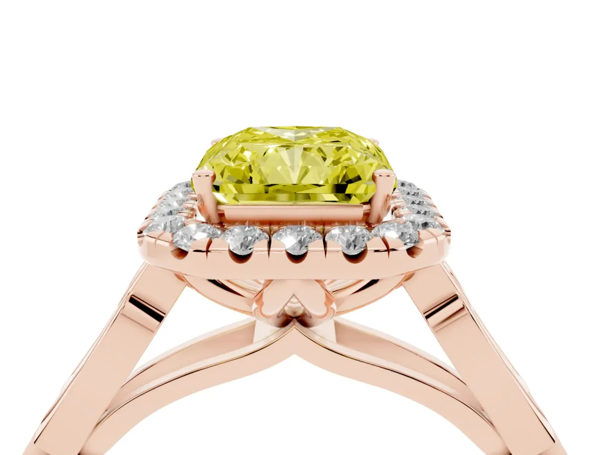 Fancy Yellow Radiant Cut Halo Diamond Engagement Ring with Filigree Band and Four-Prong Setting Rose gold