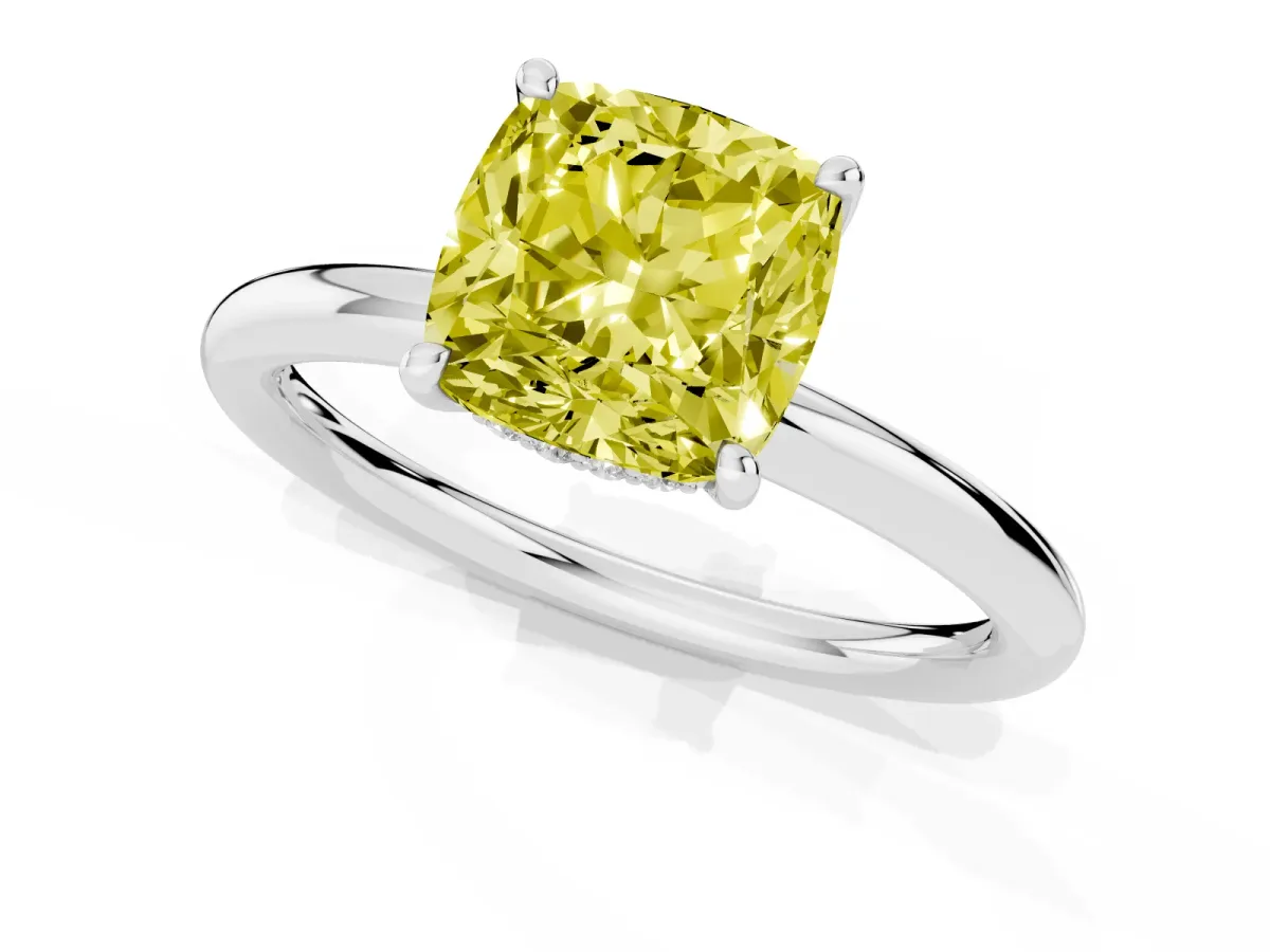 Fancy Yellow Cushion Cut Diamond Solitaire Ring with Thin Band and Four-Prong Setting Silver