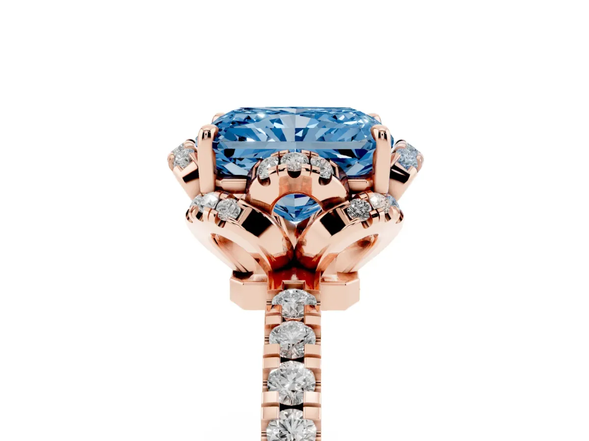 Fancy Blue Radiant Cut Halo Diamond Pave Band Ring with Four-Prong Setting Rose gold