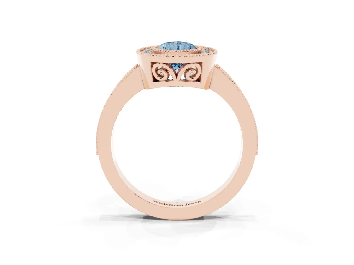 Fancy Blue Pear Cut Cut Halo Diamond Ring with Pavé Band and Milgrain Prong Setting Rose gold