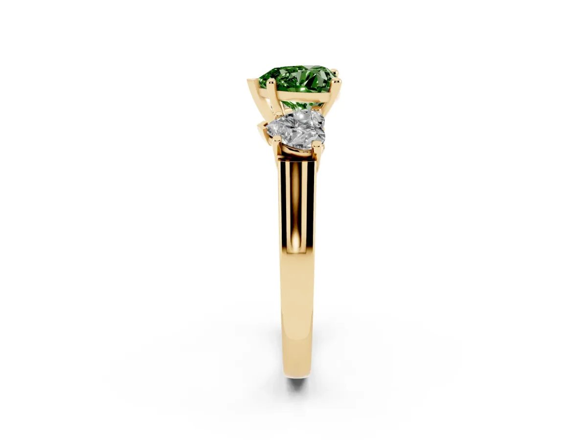 Fancy Green Three-Stone Heart Cut Brilliant Diamond Trellis Ring with Comfort Fit Band Yellow gold