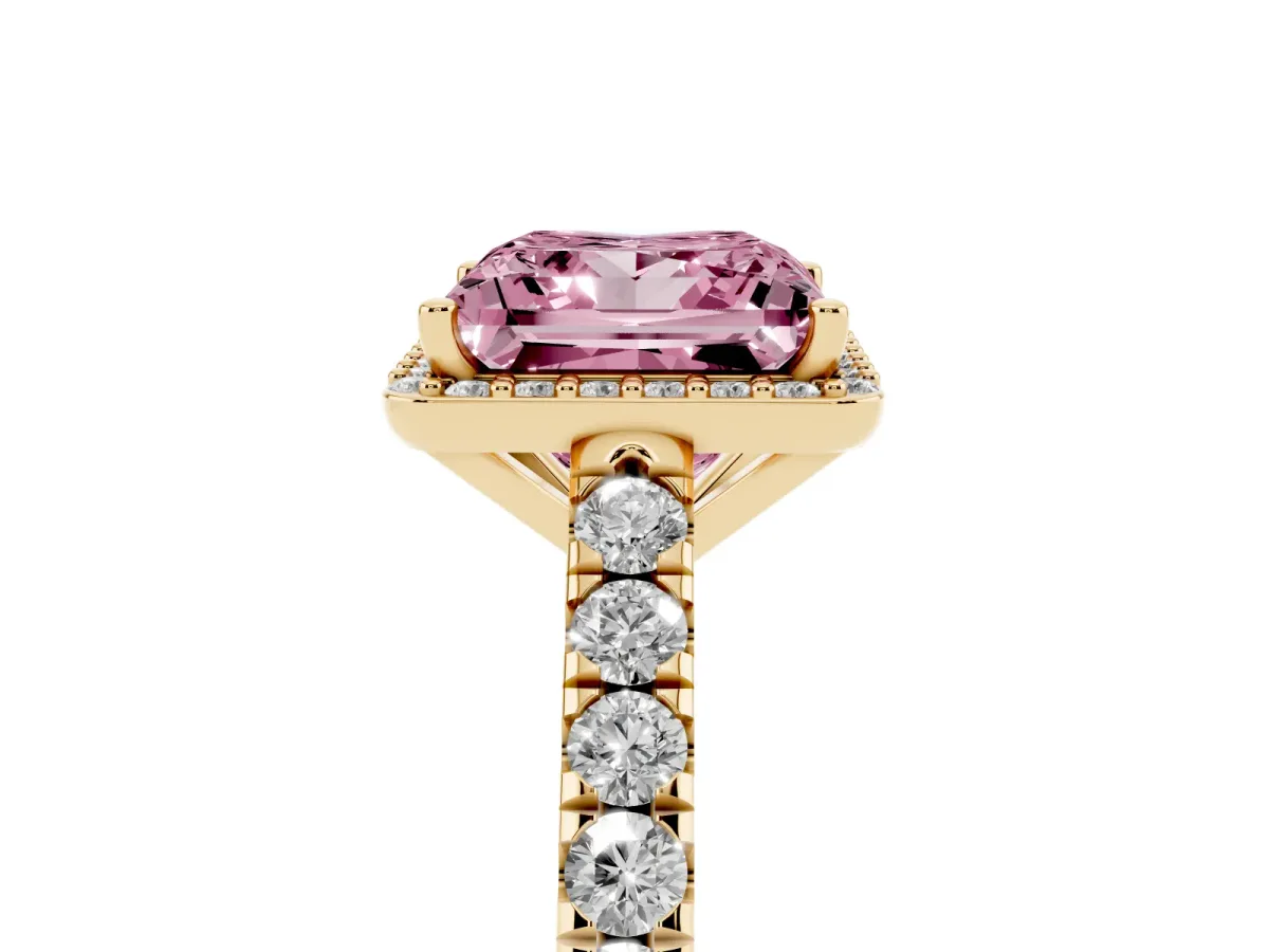 Fancy Pink Princess Cut Cut Halo Diamond Engagement Ring with Pave Band and Four-Prong Setting Yellow gold