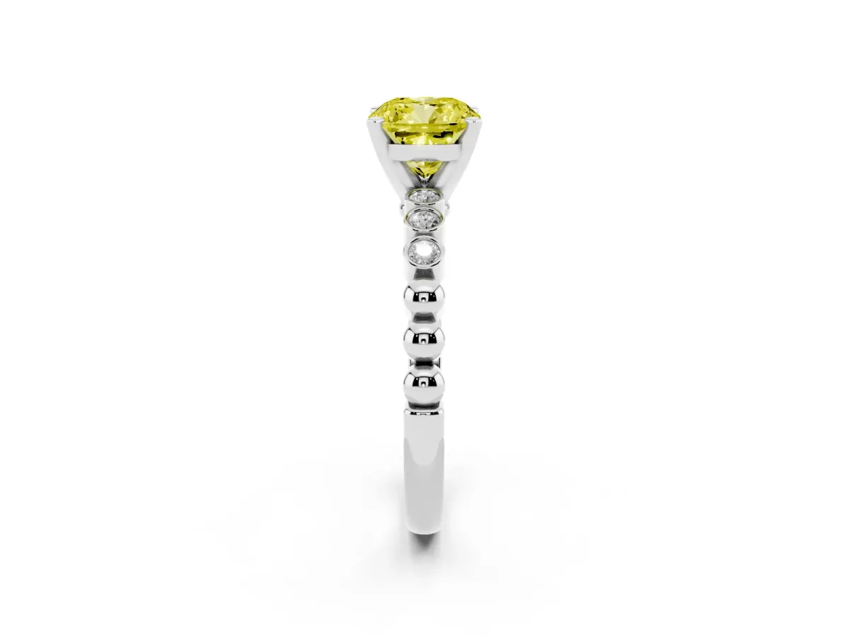 Fancy Yellow Cushion Cut Solitaire Bezel Accent Diamond Engagement Ring with Beaded Band and Four-Prong Setting Silver