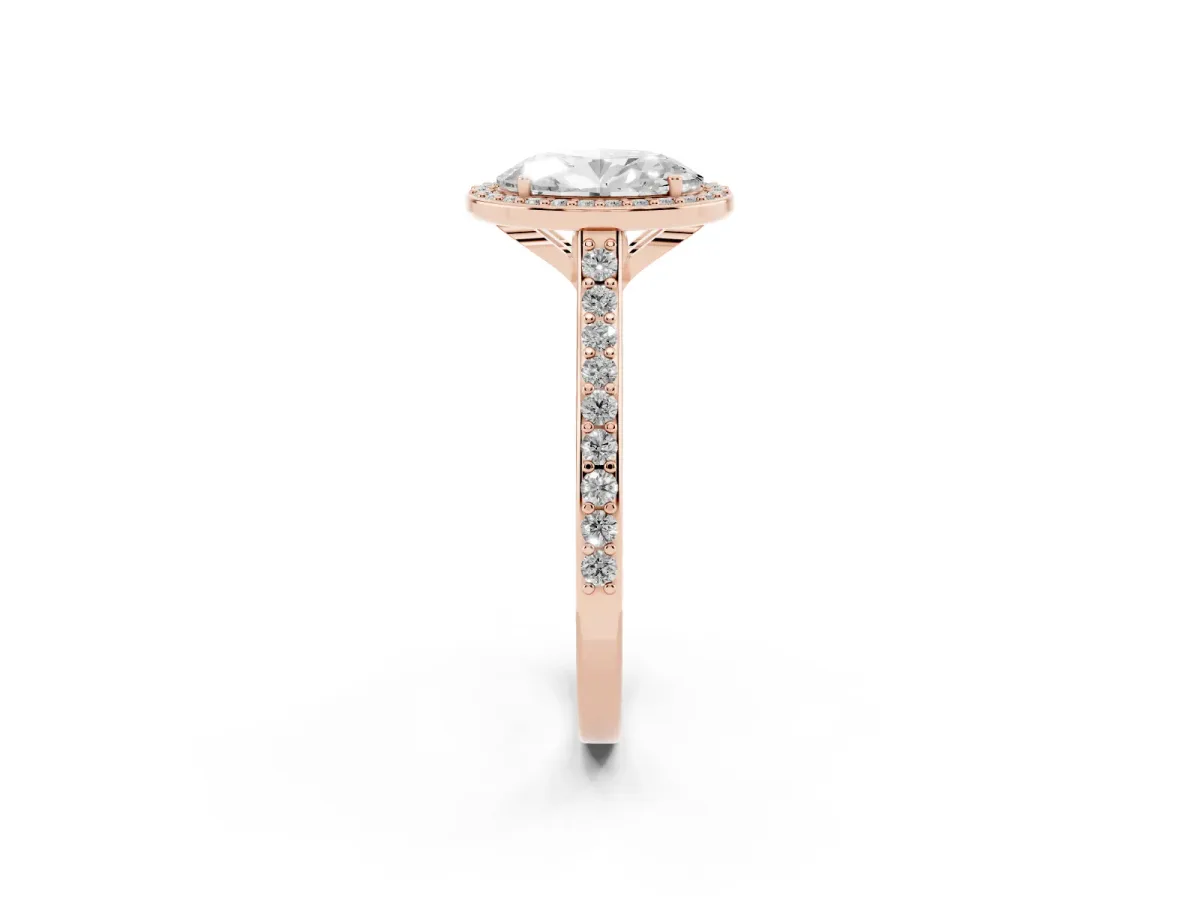 Oval Cut Diamond Halo Engagement Ring with Round Pavé Shoulders and Prong Setting Rose gold