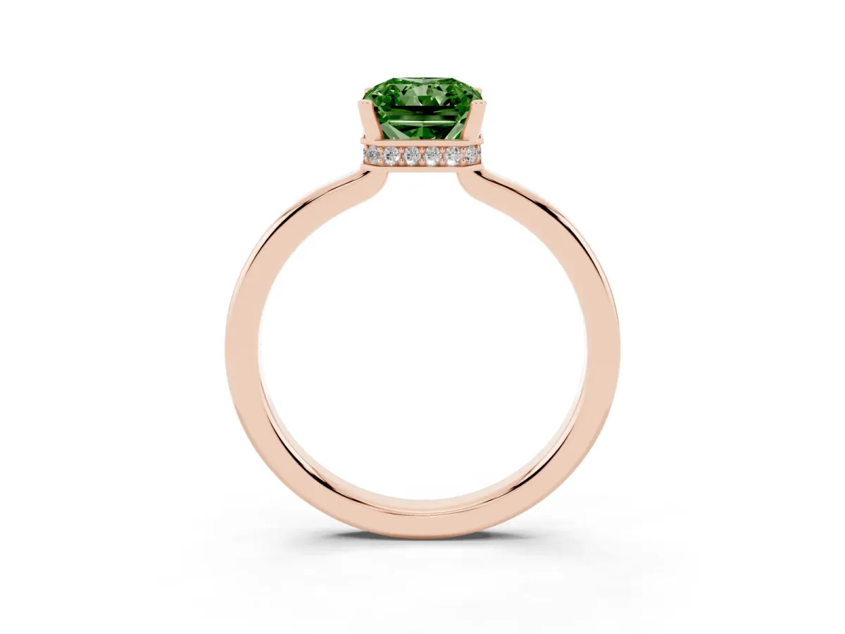 Fancy Green Radiant Cut Cut Solitaire Engagement Ring with Four-Prong Setting on a Classic Band Rose gold