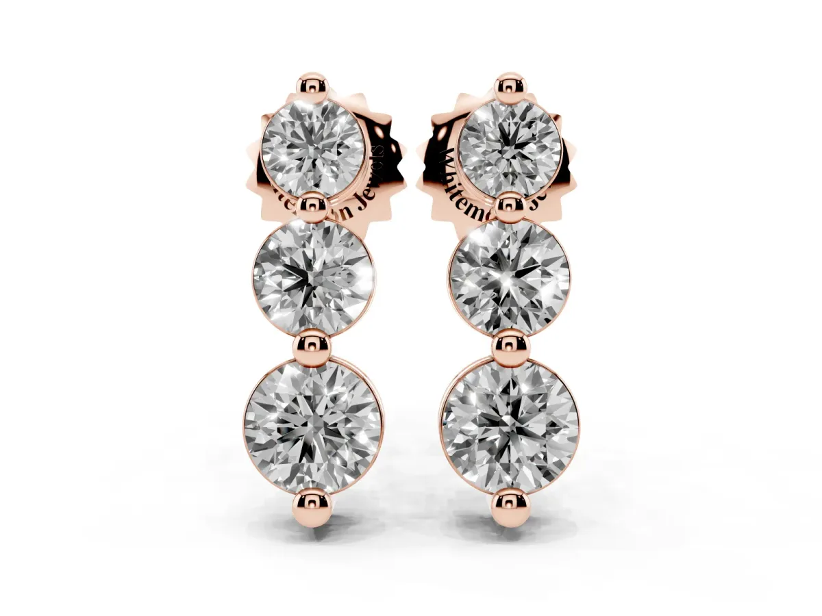 Three-Stone Round Diamond Drop Earrings with Prong Setting on White Gold Rose gold