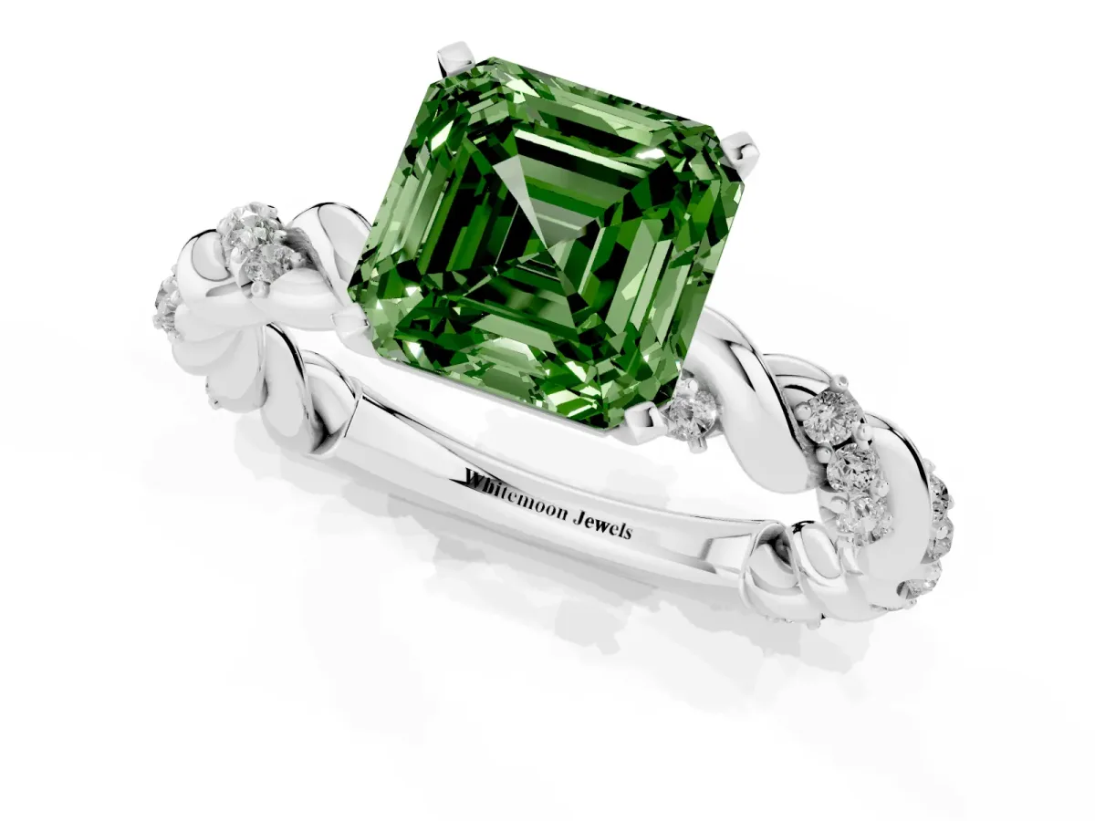 Fancy Green Asscher Cut Diamond Solitaire Ring with Twisted Band and Pavé Accents Silver