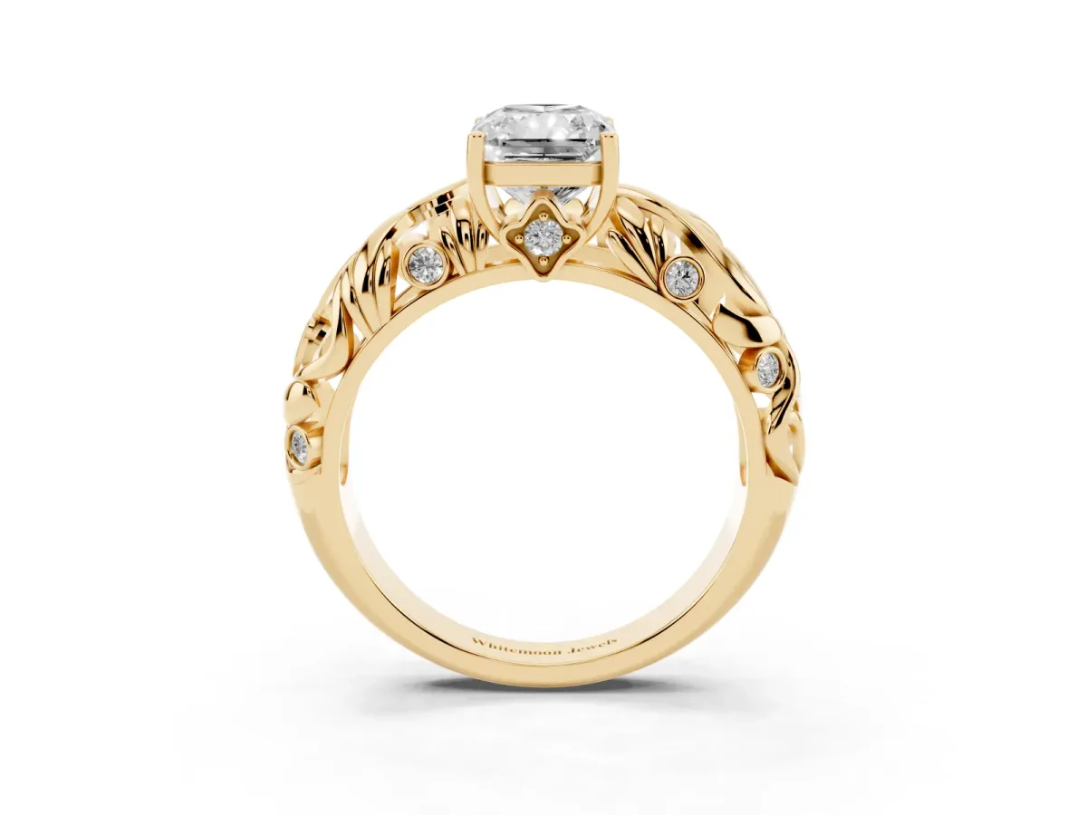 Radiant Cut Solitaire Diamond Leaf-Inspired Vine Band Ring with Prong Setting Yellow gold
