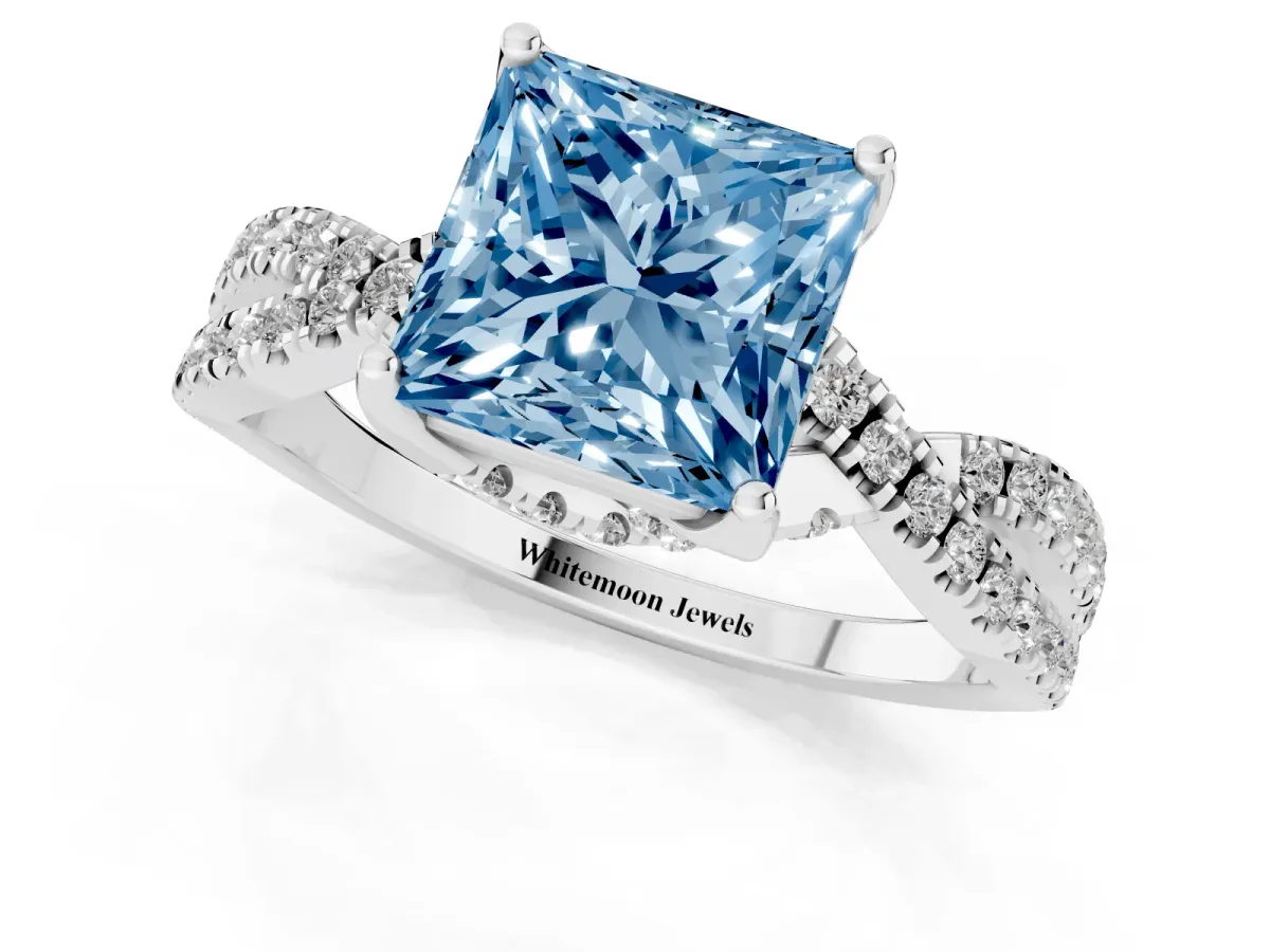 Fancy Blue Princess Cut Solitaire Twist Pave Diamond Engagement Ring with Prong Setting Silver