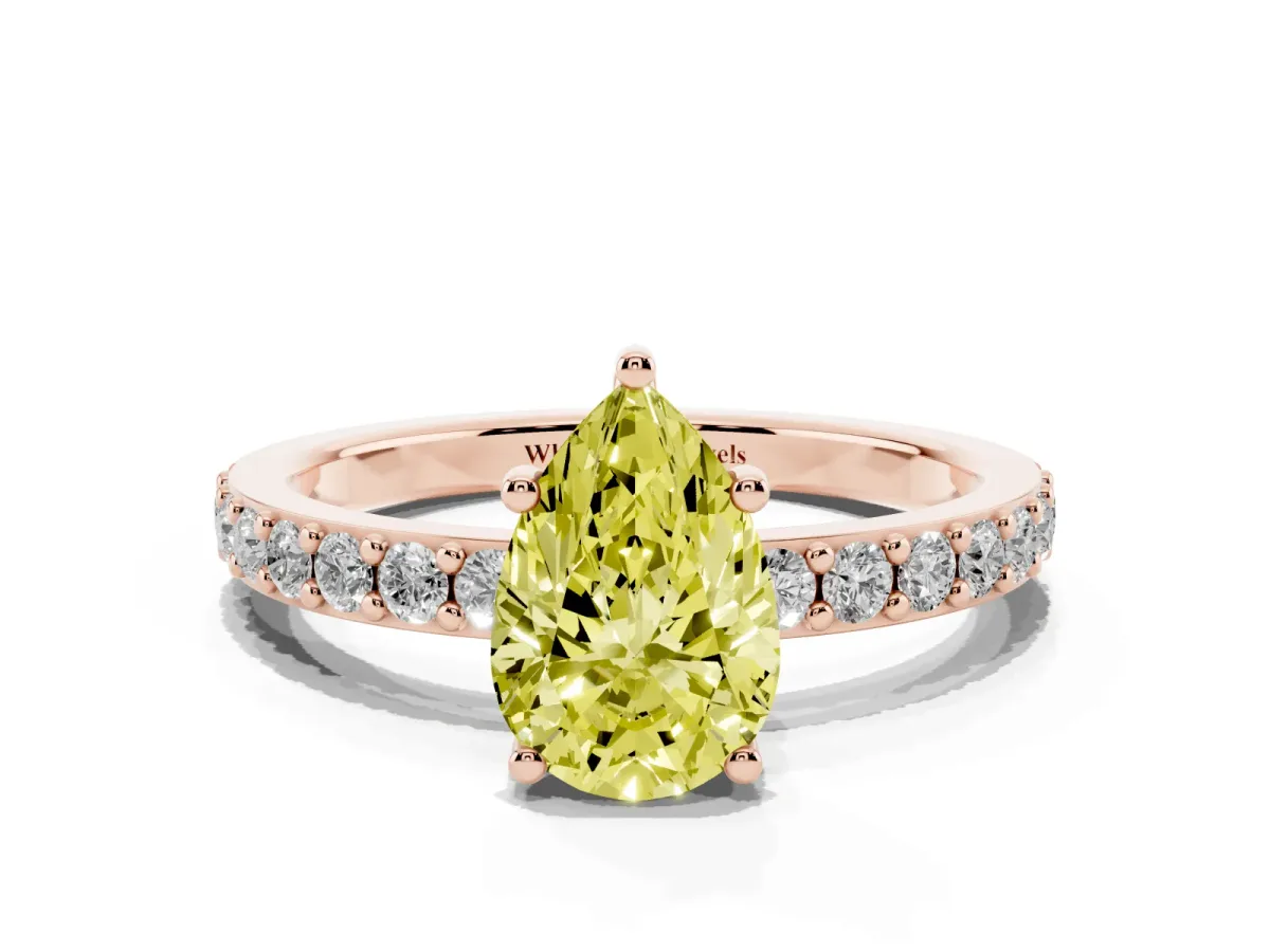 Fancy Yellow Pear Cut Cut Diamond Solitaire with Pave Band and Four-Prong Setting Rose gold